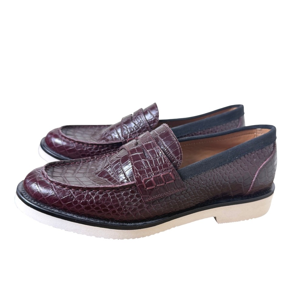 Aquatalia Penny Loafers Women 8 Burgundy Croc Embossed Italy Leather Vibram Flat